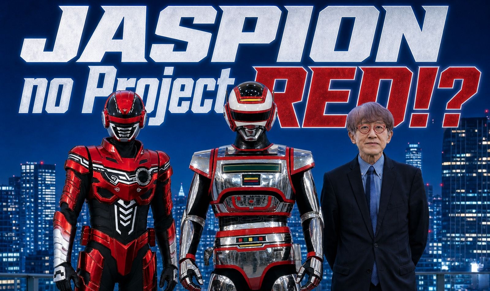 Shinichiro Shirakura ao lado de Jaspion e de um herói vermelho do PROJECT R.E.D.