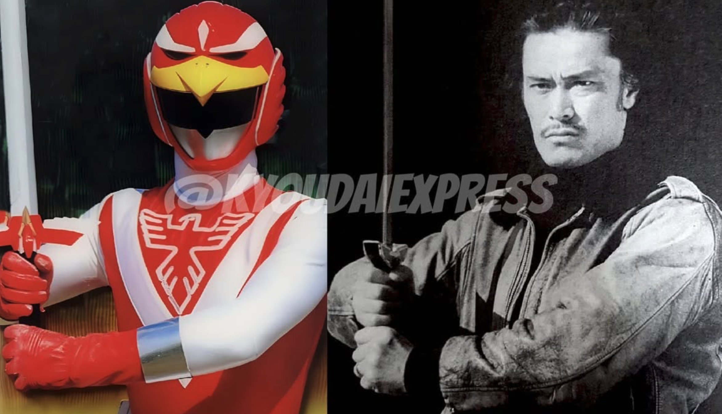 Red Hawk de Jetman ao lado do jovem Niibori empunhando uma espada