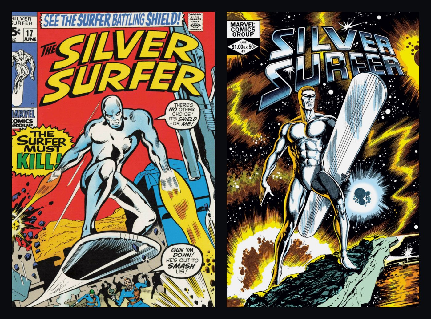 Capas de Silver Surfer #17 (1970) e Silver Surfer #1 (1982), da Marvel Comics