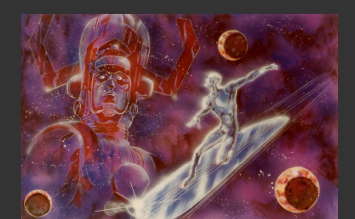 Arte conceitual: o Surfista Prateado em sua prancha diante de Galactus